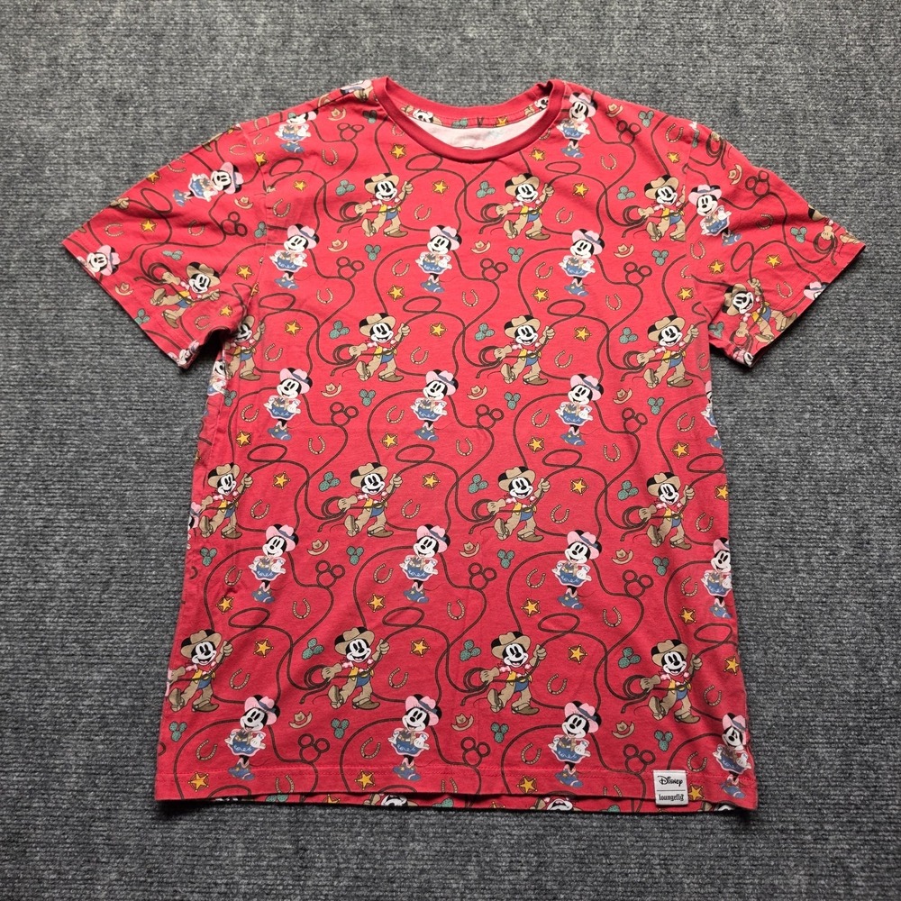 Disney Loungefly Cowboy Mickey Minnie T Shirt M Red Western Lasso Cactus AOP